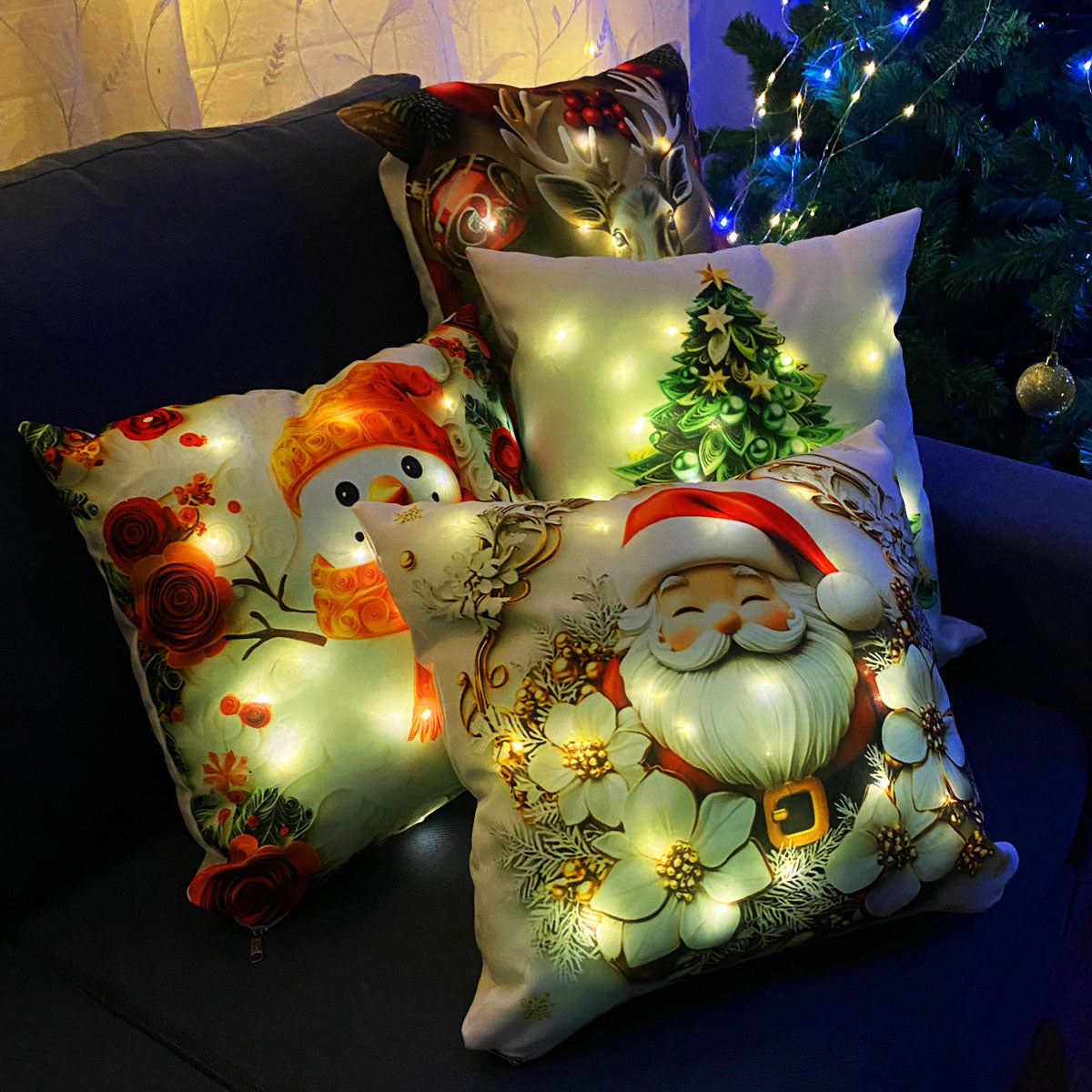 Set 4 Fundas Navideñas Con Luces LED para Cojines - Medidas 34x34cms (NO incluye relleno o Cojin)🎄🎅🏻 ‼️HOY CON 30% DCTO‼️