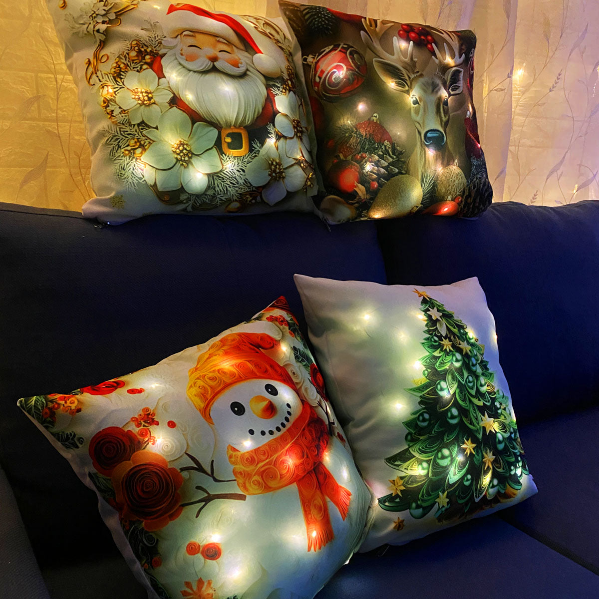Set 4 Fundas Navideñas Con Luces LED para Cojines - Medidas 34x34cms (NO incluye relleno o Cojin)🎄🎅🏻 ‼️HOY CON 30% DCTO‼️