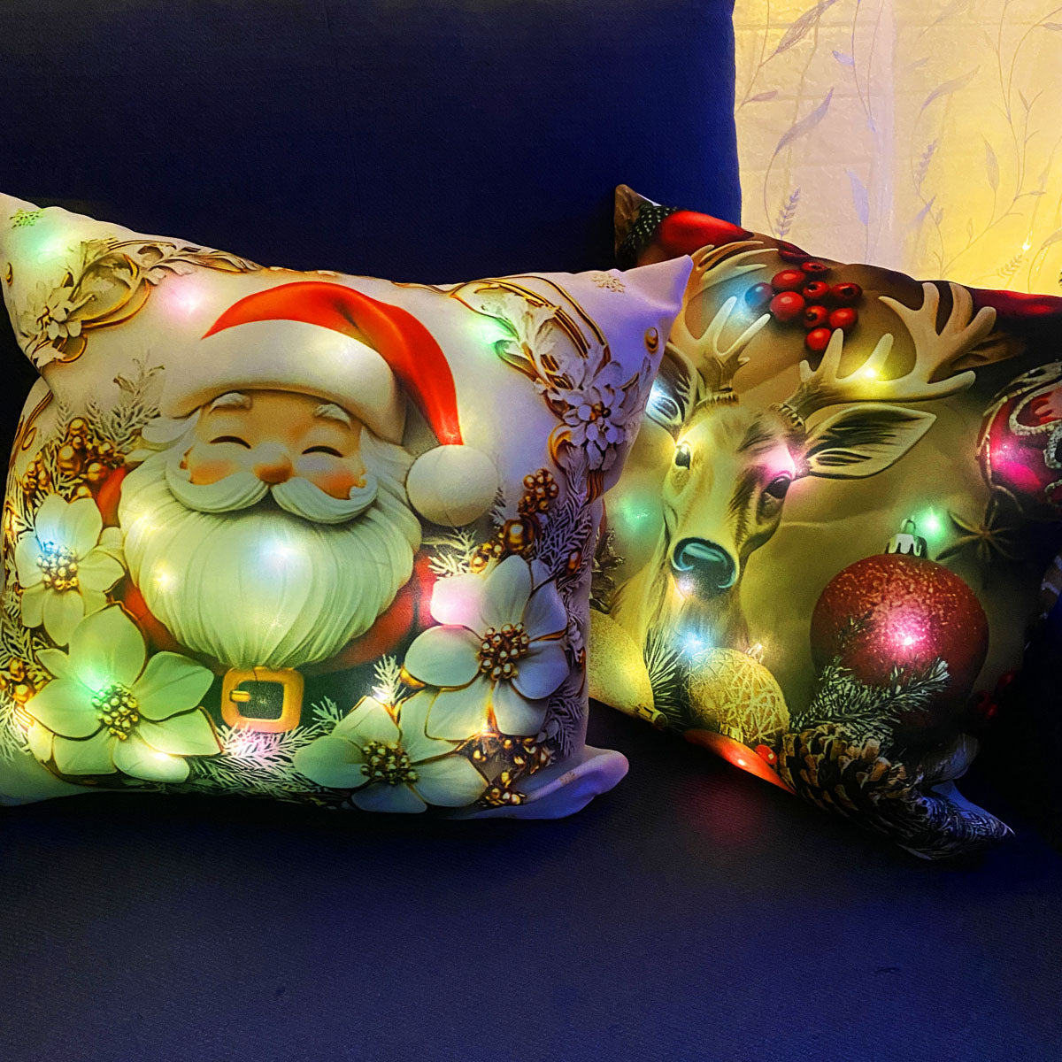 Set 4 Fundas Navideñas Con Luces LED para Cojines - Medidas 34x34cms (NO incluye relleno o Cojin)🎄🎅🏻 ‼️HOY CON 30% DCTO‼️