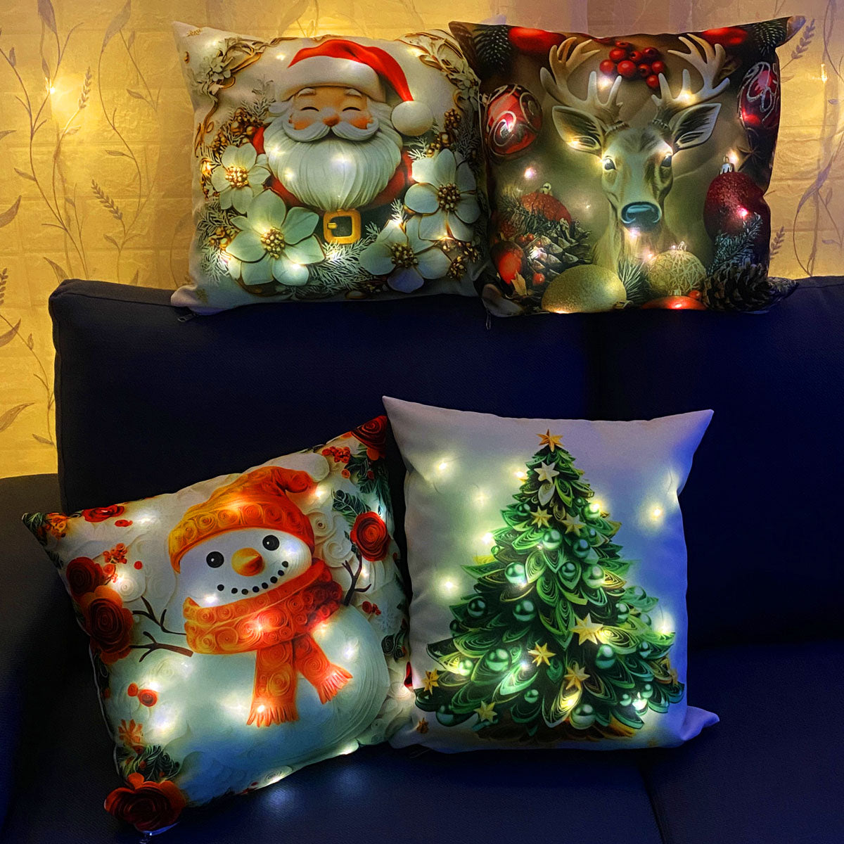Set 4 Fundas Navideñas Con Luces LED para Cojines - Medidas 34x34cms (NO incluye relleno o Cojin)🎄🎅🏻 ‼️HOY CON 30% DCTO‼️