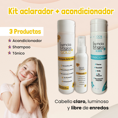 KIT ACLARANTE DE CABELLO PARA NIÑOS, 100% NATURAL - SHAMPOO+ACONDICIONADOR+SPRAY ACLARADOR‼️¡HOY CON 30% DCTO‼️