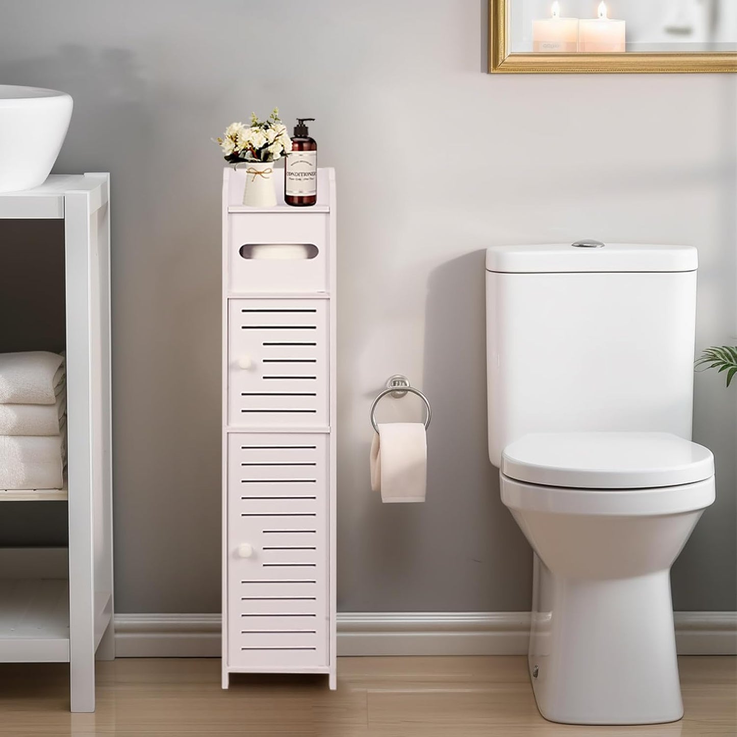 GABINETE DE BAÑO, ORGANIZADOR DE AHORRO DE ESPACIO CON SOPORTE PARA PAPEL🚽🧻✨‼️¡HOY CON 40% DCTO‼️