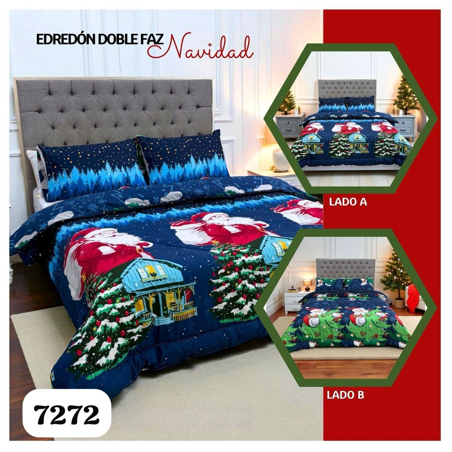 🛏️Edredón Doble Faz Navideño - Ideal Cama Semi Doble 120cm x 190cm y cama doble 140cm x 190cm - (Incluye Edredón + 2 Fundas Doble Faz)🎄🎅🏻‼️HOY CON 30% DCTO‼️