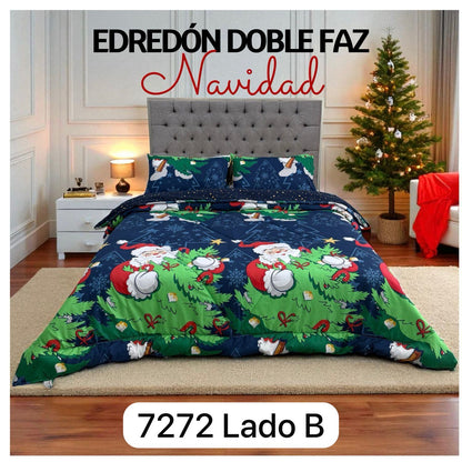 🛏️Edredón Doble Faz Navideño - Ideal Cama Semi Doble 120cm x 190cm y cama doble 140cm x 190cm - (Incluye Edredón + 2 Fundas Doble Faz)🎄🎅🏻‼️HOY CON 30% DCTO‼️
