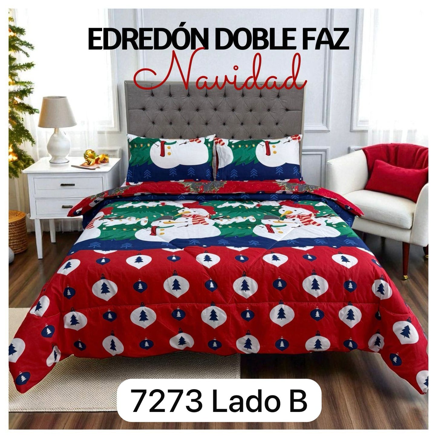🛏️Edredón Doble Faz Navideño - Ideal Cama Semi Doble 120cm x 190cm y cama doble 140cm x 190cm - (Incluye Edredón + 2 Fundas Doble Faz)🎄🎅🏻‼️HOY CON 30% DCTO‼️