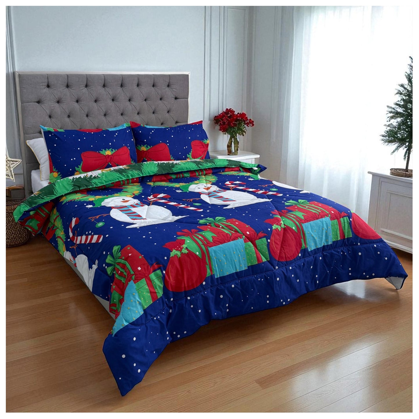 🛏️Edredón Doble Faz Navideño - Ideal Cama Semi Doble 120cm x 190cm y cama doble 140cm x 190cm - (Incluye Edredón + 2 Fundas Doble Faz)🎄🎅🏻‼️HOY CON 30% DCTO‼️